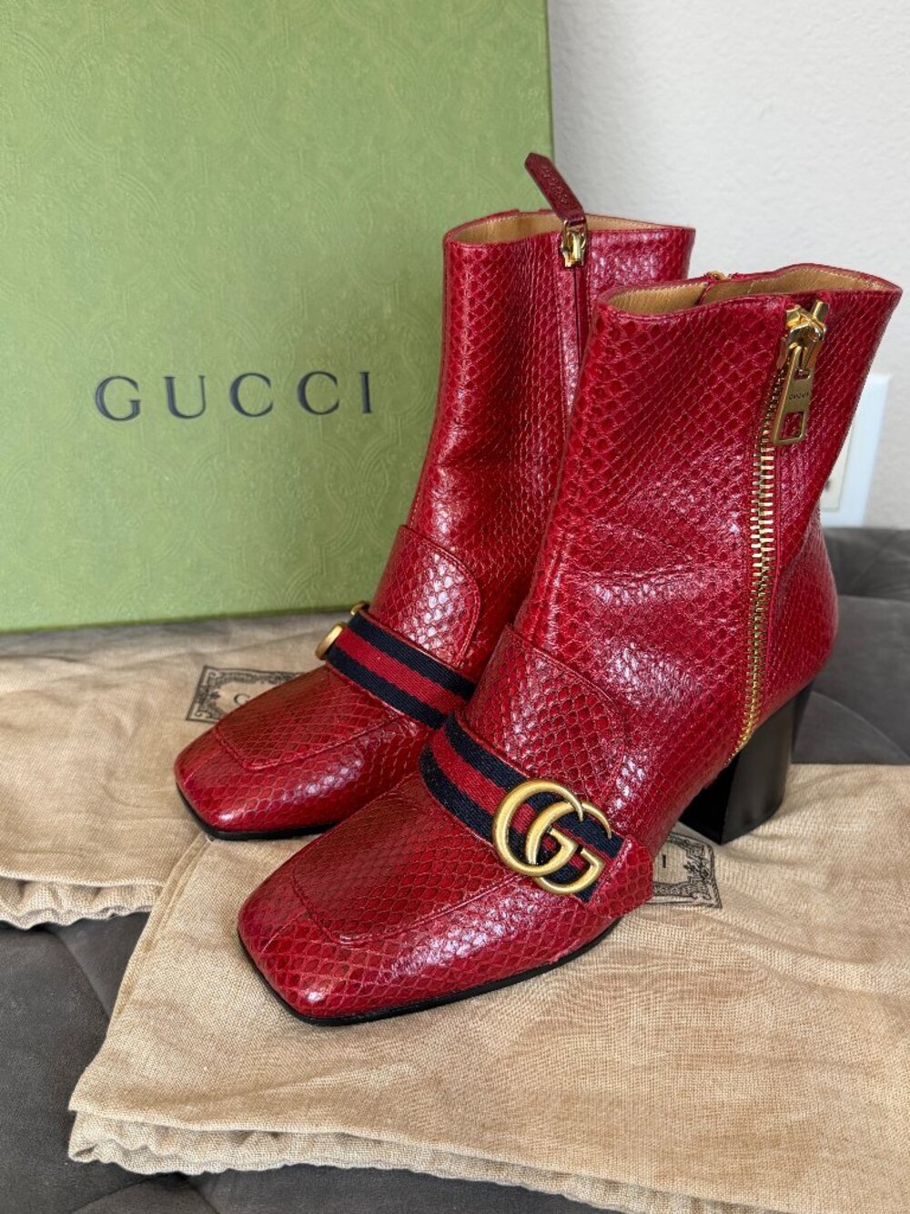 GUCCI Red Python GG Block Heel Marmont Booties Size 36.5